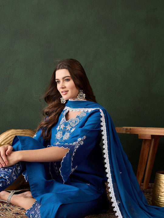 Cobalt Blue Silk Kurti With Floral Motif Embroidery