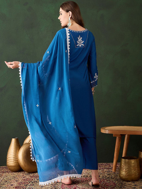 Cobalt Blue Silk Kurti With Floral Motif Embroidery