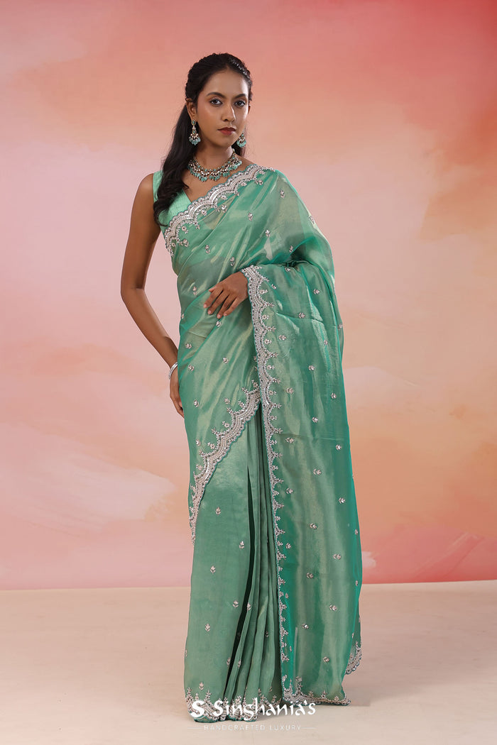 Como Greenish Cyan Organza Tissue Saree With Scallop Border