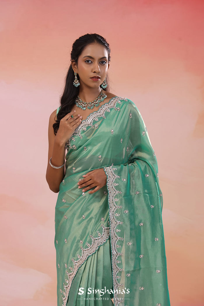Como Greenish Cyan Organza Tissue Saree With Scallop Border