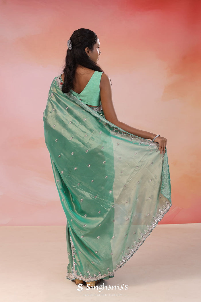 Como Greenish Cyan Organza Tissue Saree With Scallop Border