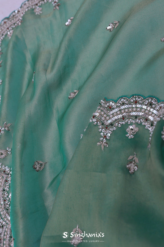 Como Greenish Cyan Organza Tissue Saree With Scallop Border
