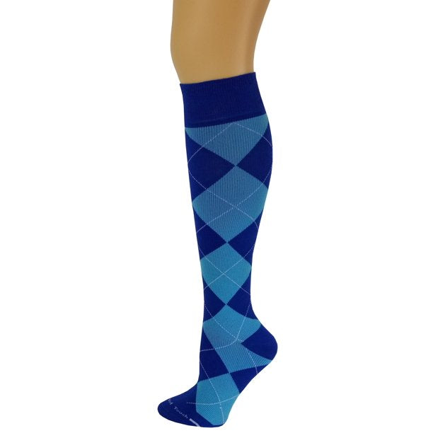 A pair of blue knee-high socks with an argyle pattern design.