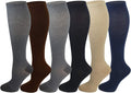 A set of six knee-high compression socks in various colors, displayed in two rows with three socks in each row. The colors include brown, gray, beige, and navy.