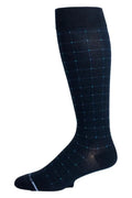 Black Dr. Motion knee-high sock with blue checkered pattern on a white background