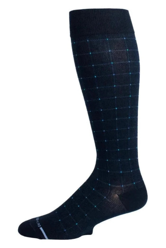 Black Dr. Motion knee-high sock with blue checkered pattern on a white background