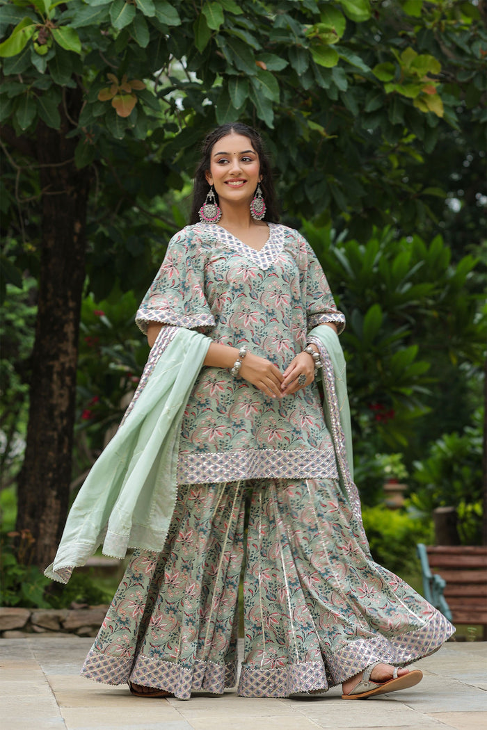 <img> Conch Grey Cotton Floral Printed Sharara Set