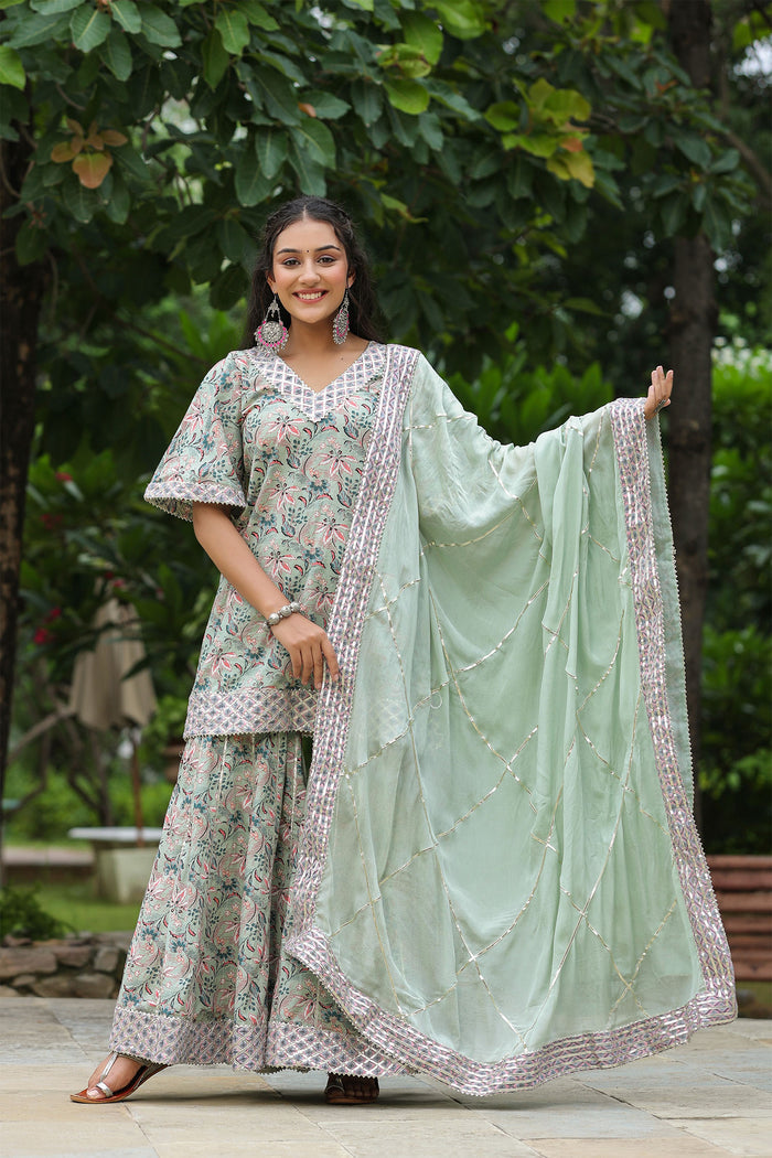 <img> Conch Grey Cotton Floral Printed Sharara Set