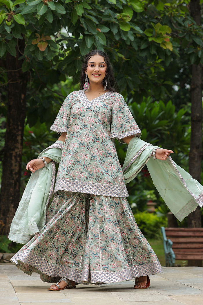 <img> Conch Grey Cotton Floral Printed Sharara Set