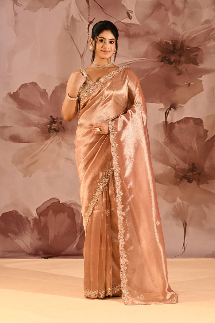 Copper Peach Designer Embroidery Tissue Saree