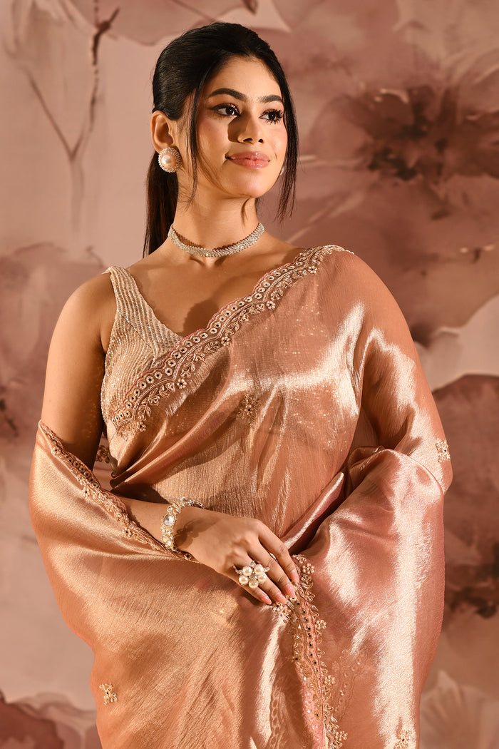 Copper Peach Designer Embroidery Tissue Saree
