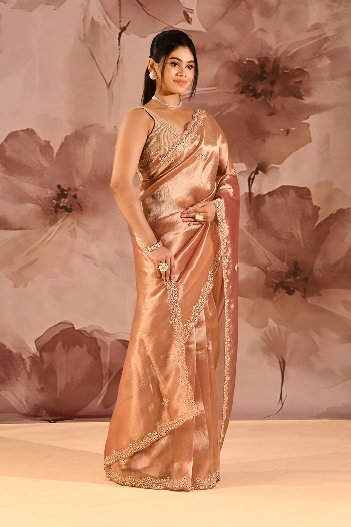 Copper Peach Designer Embroidery Tissue Saree