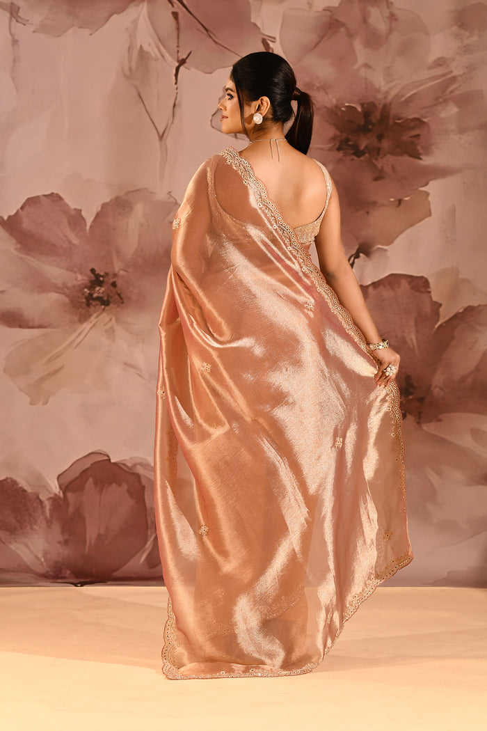 Copper Peach Designer Embroidery Tissue Saree