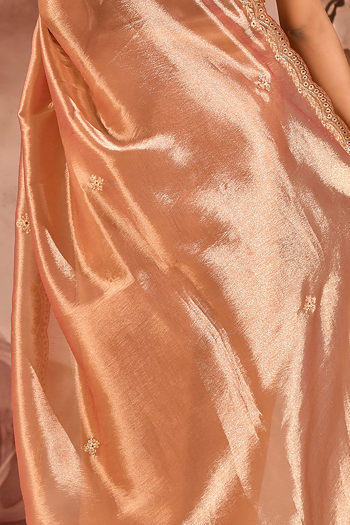 Copper Peach Designer Embroidery Tissue Saree