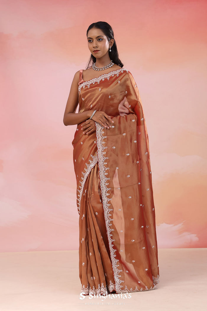 Copper Rose Pink Organza Tissue Saree With Scallop Border