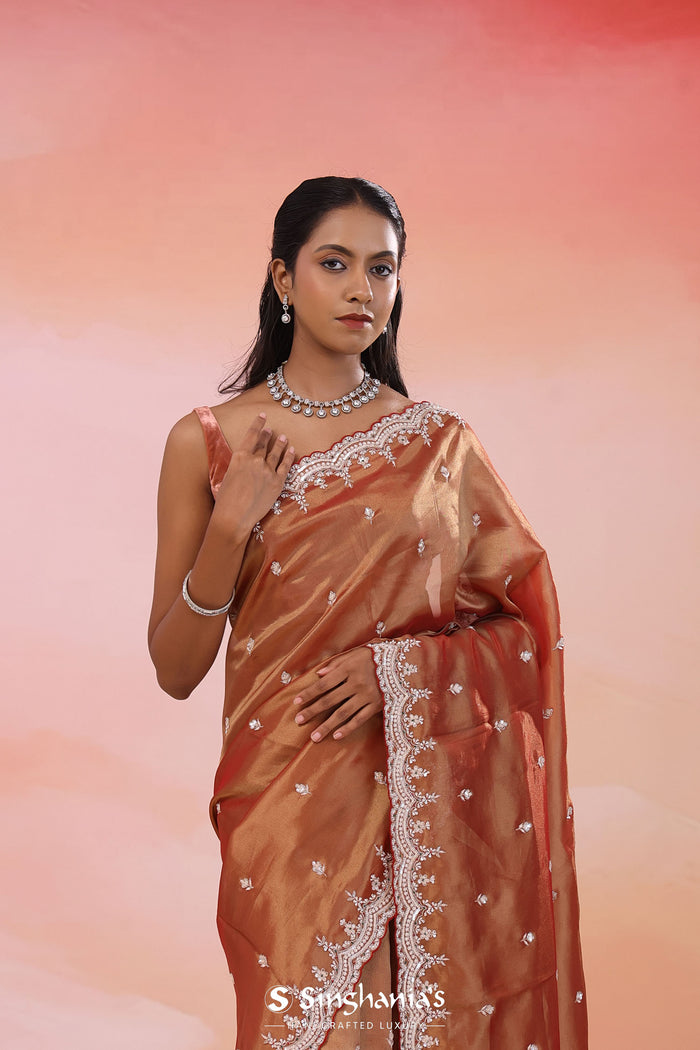 Copper Rose Pink Organza Tissue Saree With Scallop Border