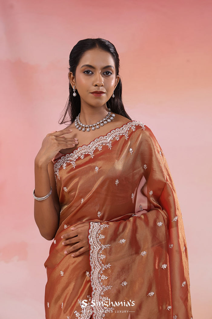 Copper Rose Pink Organza Tissue Saree With Scallop Border