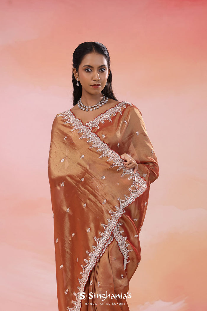 Copper Rose Pink Organza Tissue Saree With Scallop Border