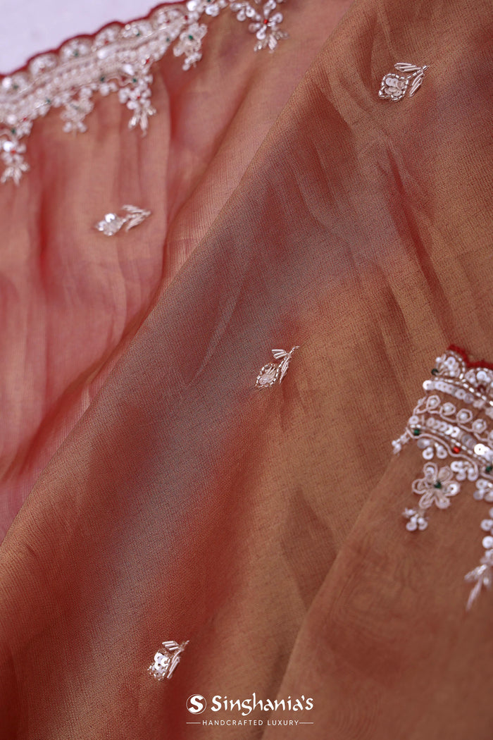 Copper Rose Pink Organza Tissue Saree With Scallop Border