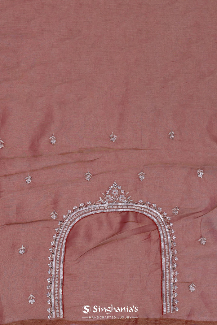 Copper Rose Pink Organza Tissue Saree With Scallop Border