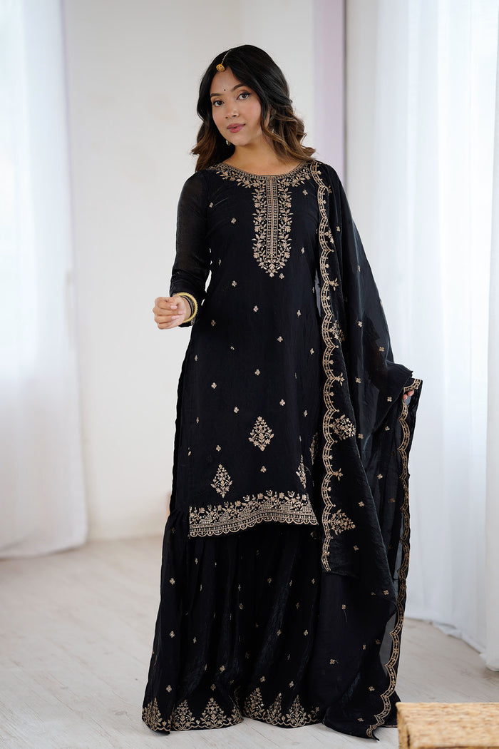 Coral Black Silk Embroidered Sharara Set