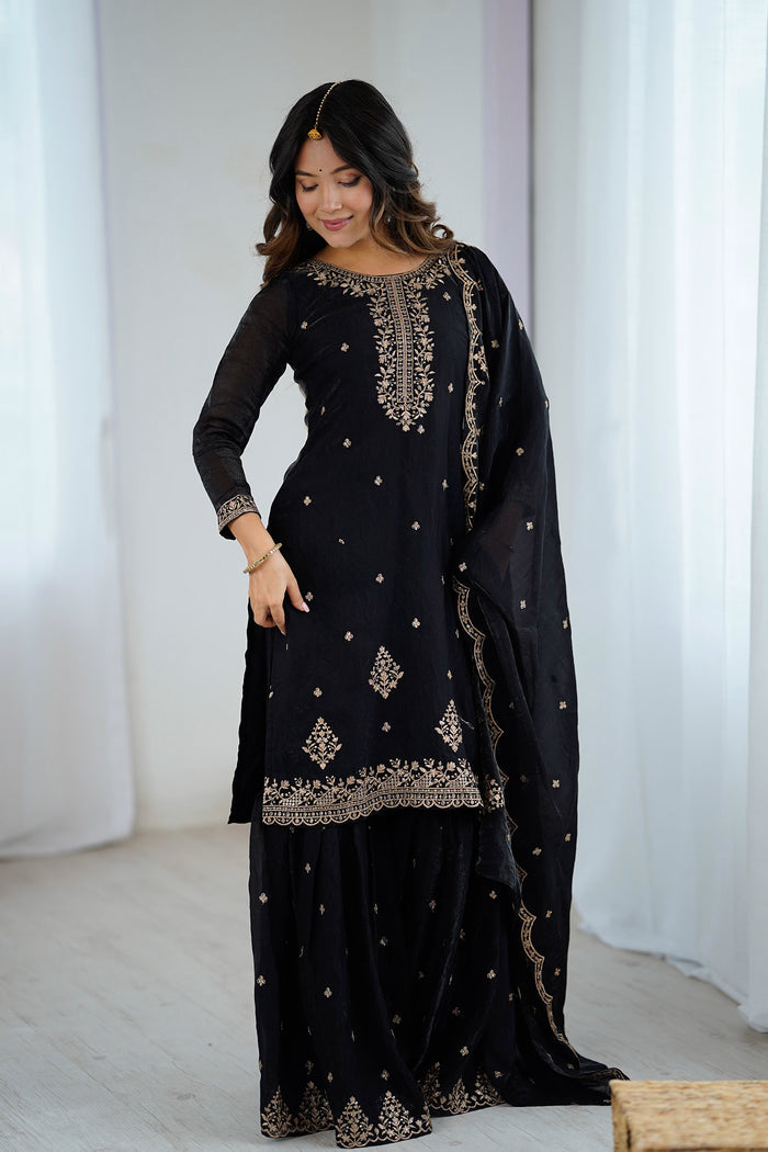 Coral Black Silk Embroidered Sharara Set