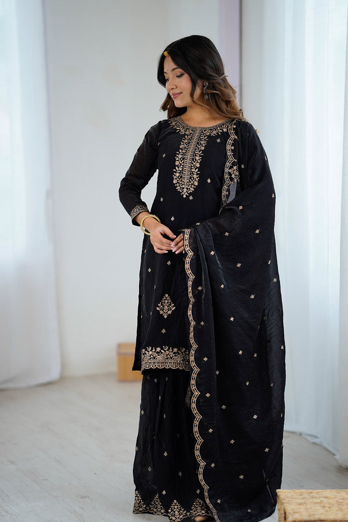 Coral Black Silk Embroidered Sharara Set