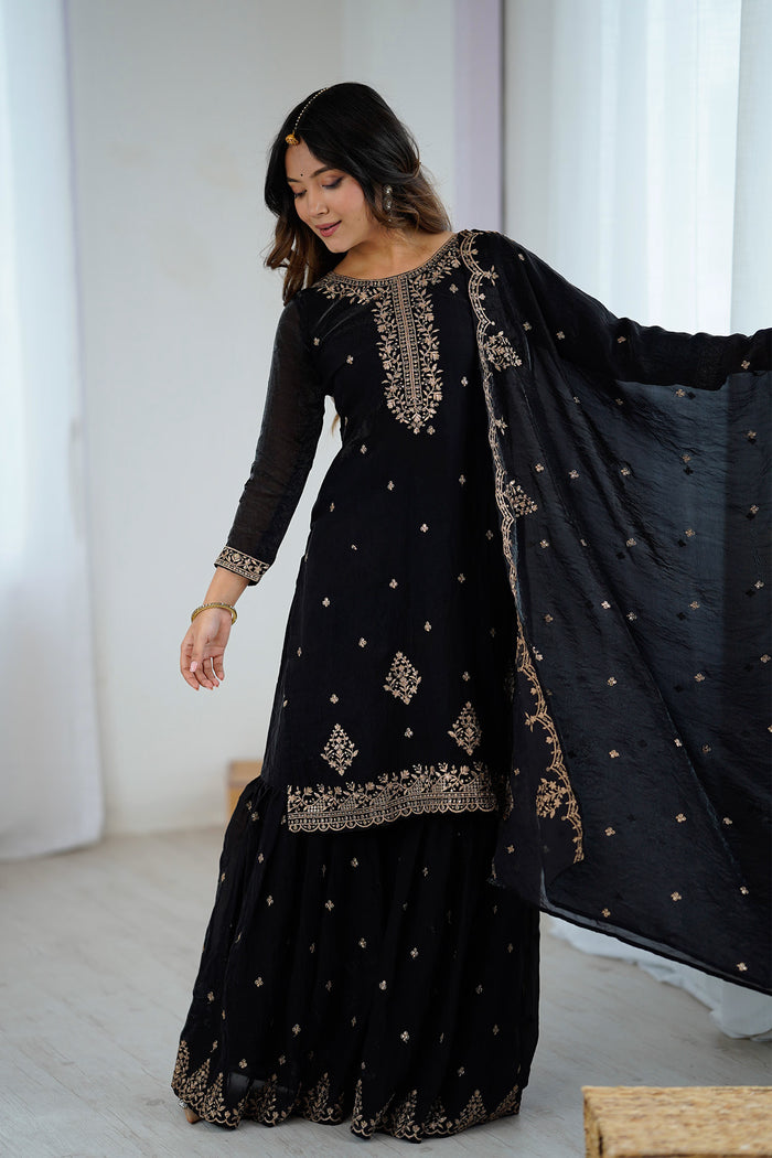 Coral Black Silk Embroidered Sharara Set
