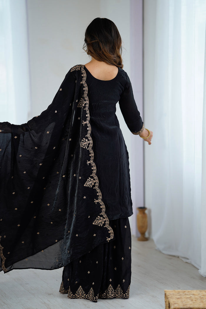 Coral Black Silk Embroidered Sharara Set