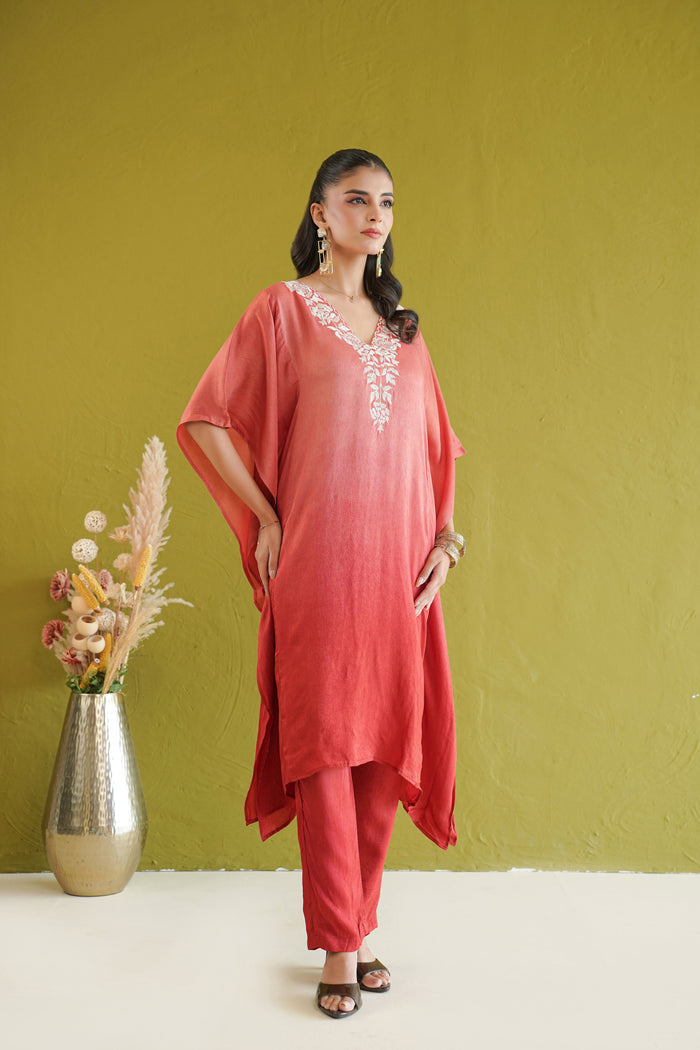 Coral Ombre Vine Kaftan Kurti