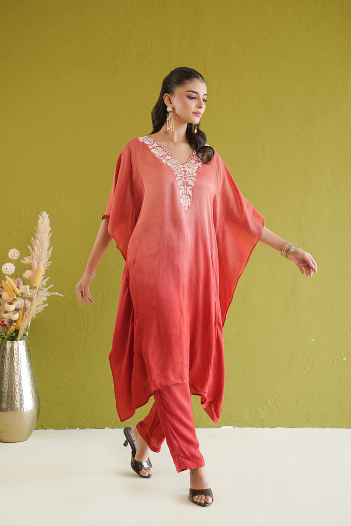 Coral Ombre Vine Kaftan Kurti