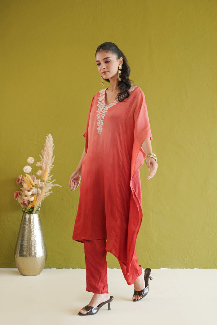 Coral Ombre Vine Kaftan Kurti