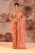 Coral Orange Striped Designer Embroidered Organza Saree