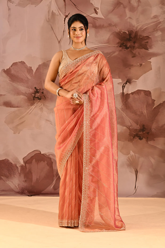 Coral Orange Striped Designer Embroidered Organza Saree