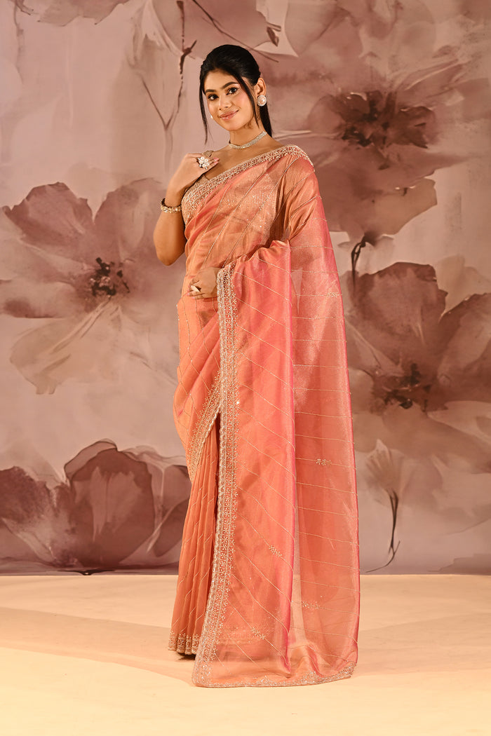 Coral Orange Striped Designer Embroidered Organza Saree
