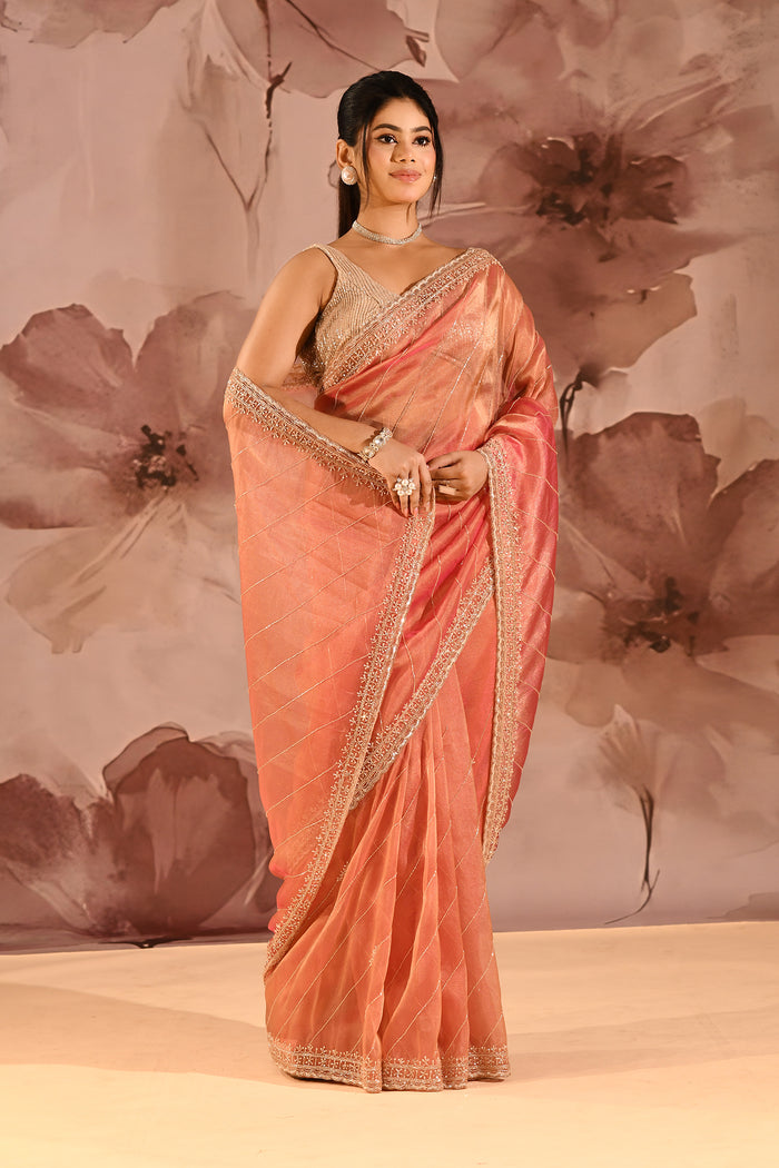 Coral Orange Striped Designer Embroidered Organza Saree