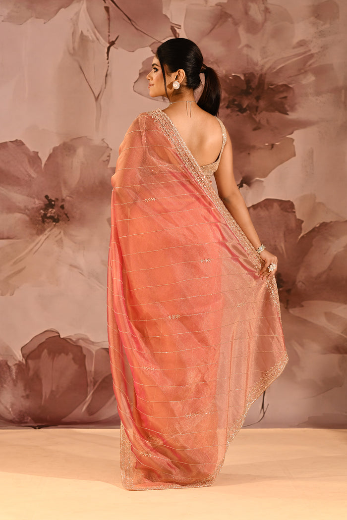 Coral Orange Striped Designer Embroidered Organza Saree