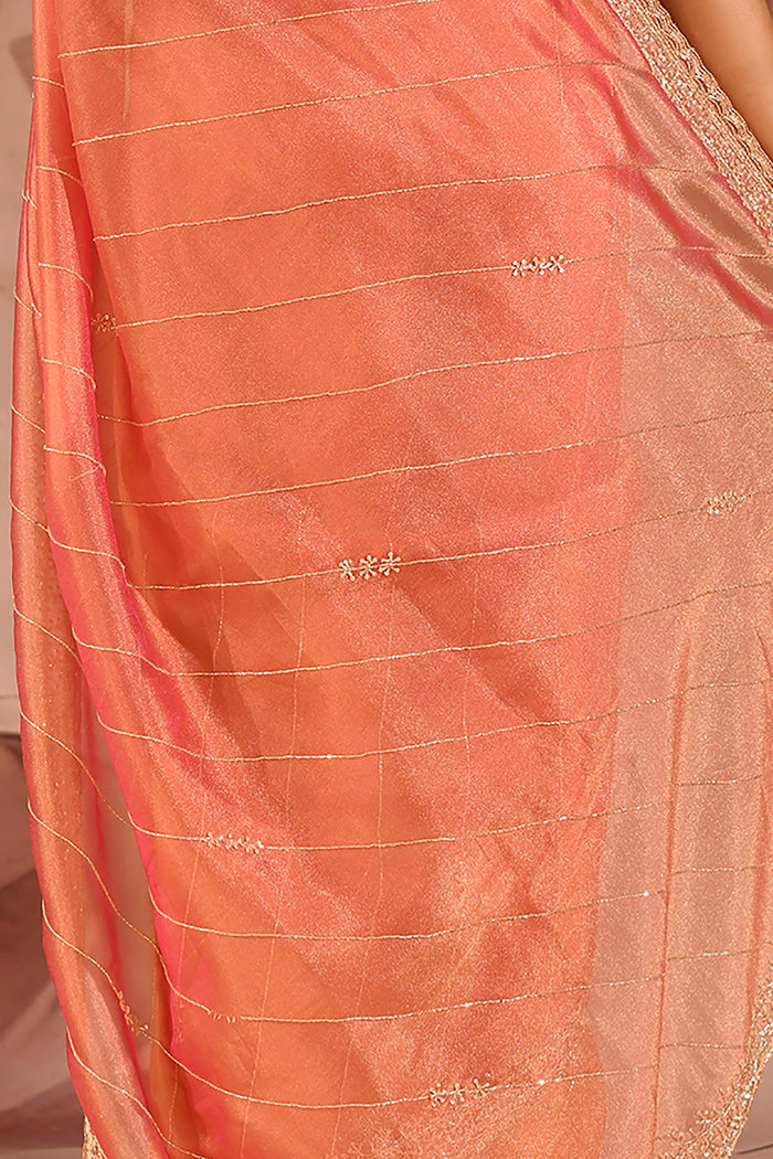 Coral Orange Striped Designer Embroidered Organza Saree