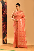 Coral Peach Geometric Jaal Banarasi Silk Saree