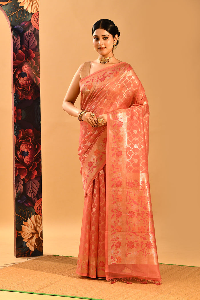 Coral Peach Geometric Jaal Banarasi Silk Saree