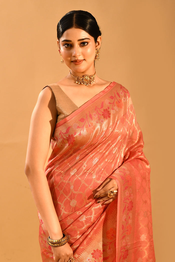 Coral Peach Geometric Jaal Banarasi Silk Saree
