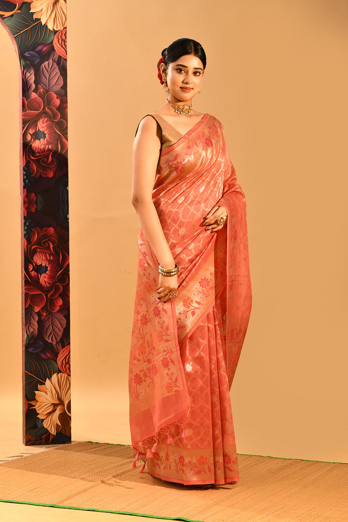 Coral Peach Geometric Jaal Banarasi Silk Saree
