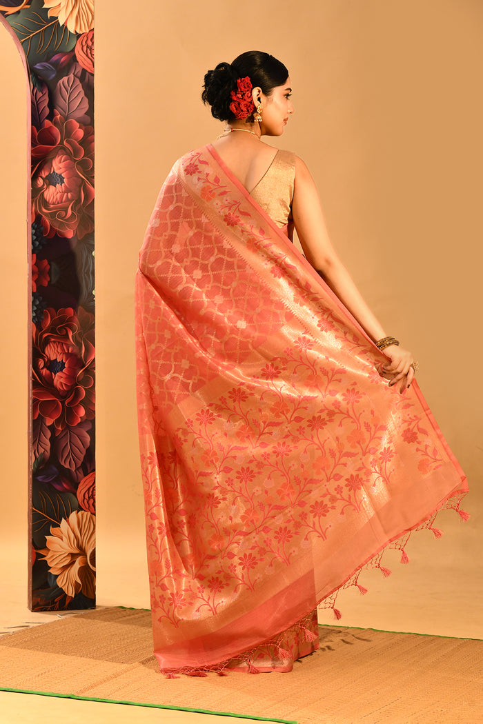 Coral Peach Geometric Jaal Banarasi Silk Saree