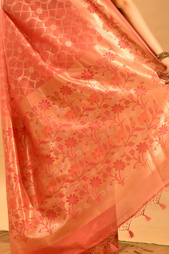 Coral Peach Geometric Jaal Banarasi Silk Saree