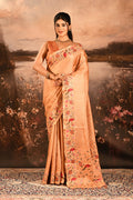 Coral Peach With All Over Checks And Floral, Birds Motif Border Designer Saree