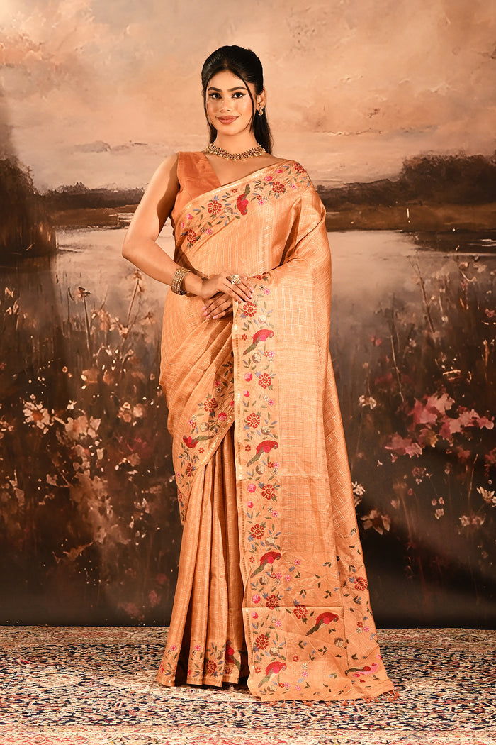 Coral Peach With All Over Checks And Floral, Birds Motif Border Designer Saree