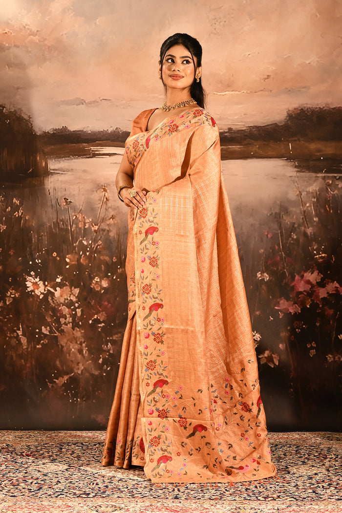 Coral Peach With All Over Checks And Floral, Birds Motif Border Designer Saree