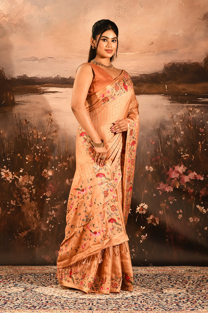 Coral Peach With All Over Checks And Floral, Birds Motif Border Designer Saree
