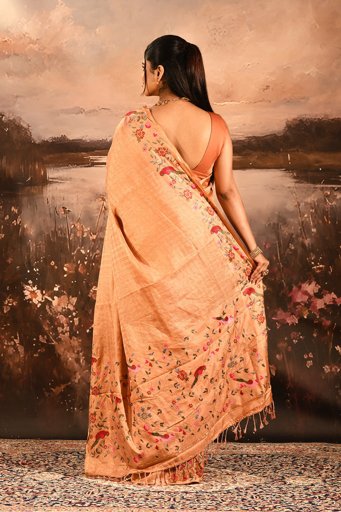 Coral Peach With All Over Checks And Floral, Birds Motif Border Designer Saree