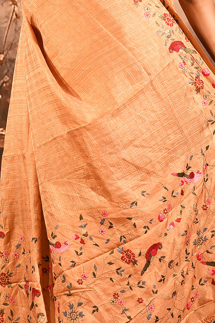 Coral Peach With All Over Checks And Floral, Birds Motif Border Designer Saree